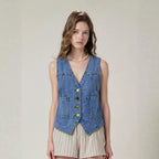 Women Sleeveless Button Slim Denim Vest