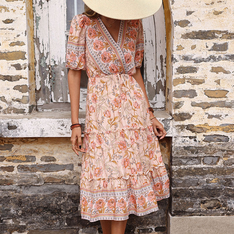 Summer Retro Women Pink Wooden Ear Printed Midi Dress