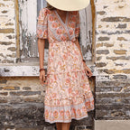 Summer Retro Women Pink Wooden Ear Printed Midi Dress