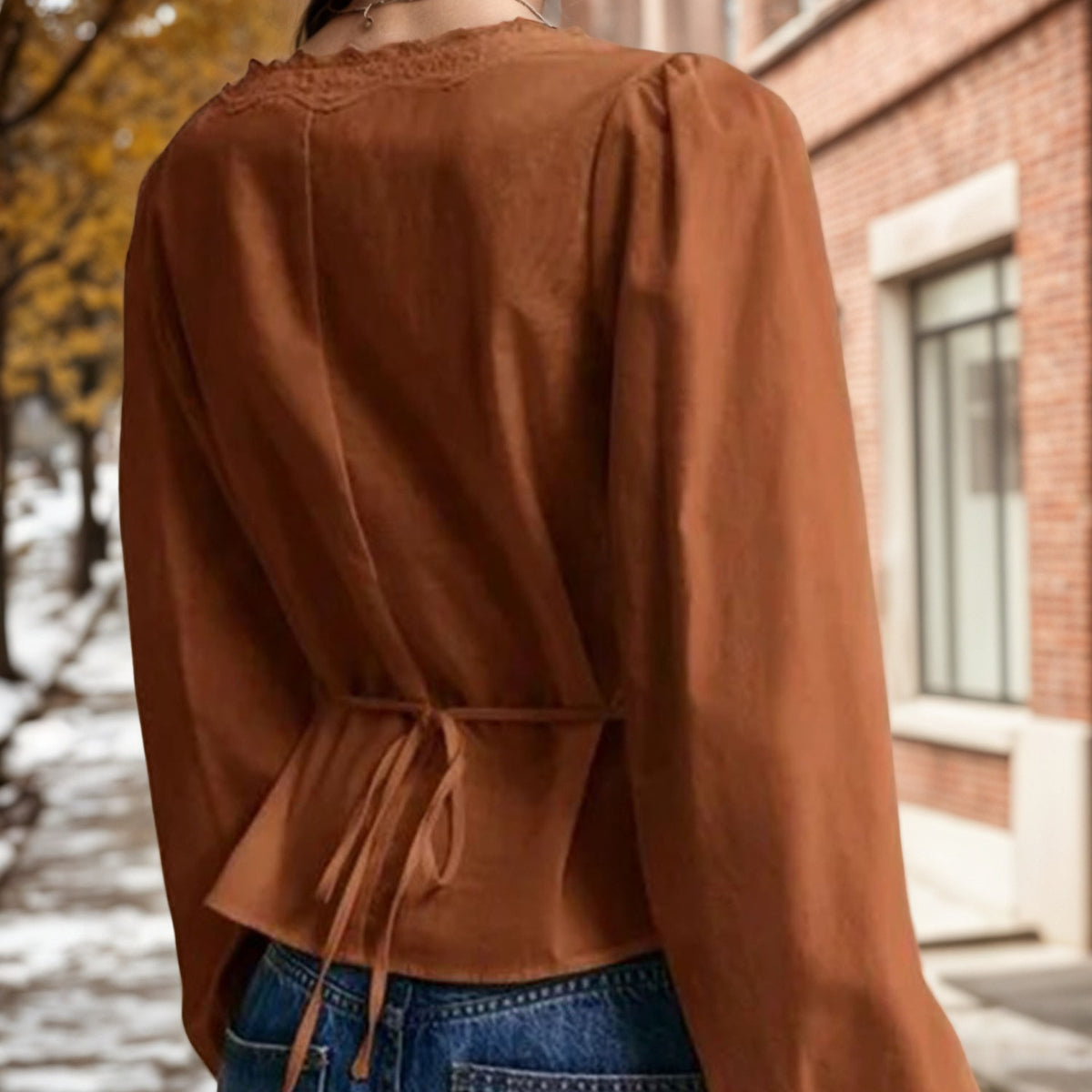 Women's French Lace Long Sleeved Shirt Autumn V Neck Pleated Lace Up Waist Single Row Multi Buckle Top