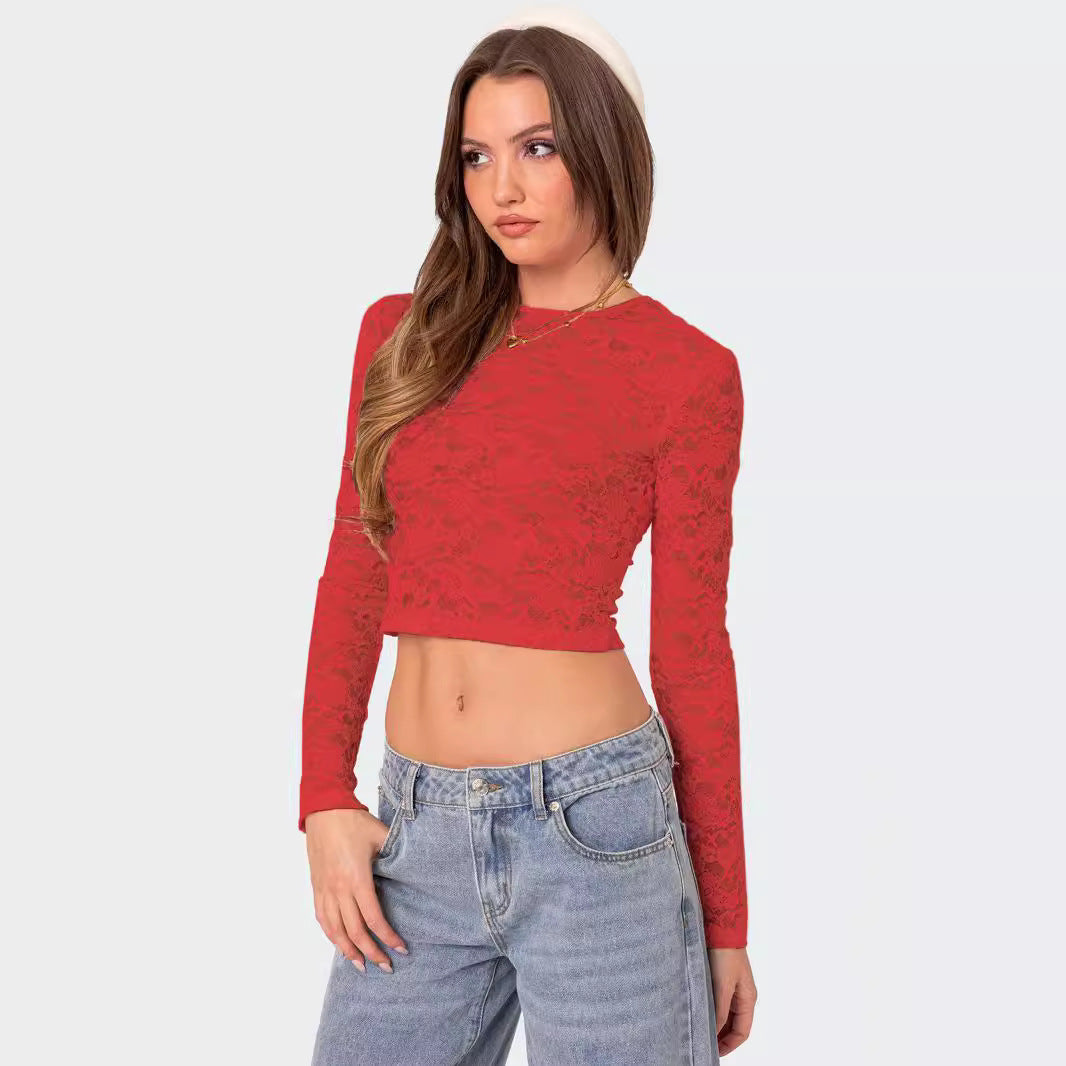 Women's Lace Fitted Long Sleeve Crop Top