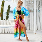 Printed beach jacket cardigan in rainbow tie-dye colors, open front with tied waist