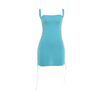 Light blue spaghetti-strap mini dress with straight neckline and tie-hem strings