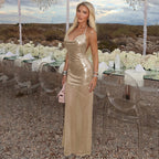 Gold backless sequin sling dress with thin straps and long straight hem