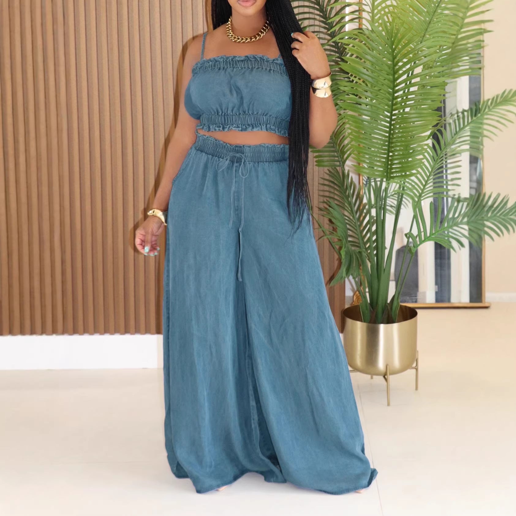 Supply Women Clothing Denim Suit Strap Tube Top Wide Leg Pants Denim Two Piece Sets