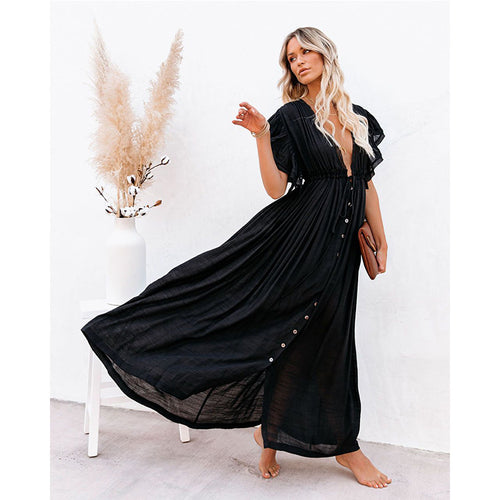 Women's Button Drawstring Beach Cover-Up Shirt