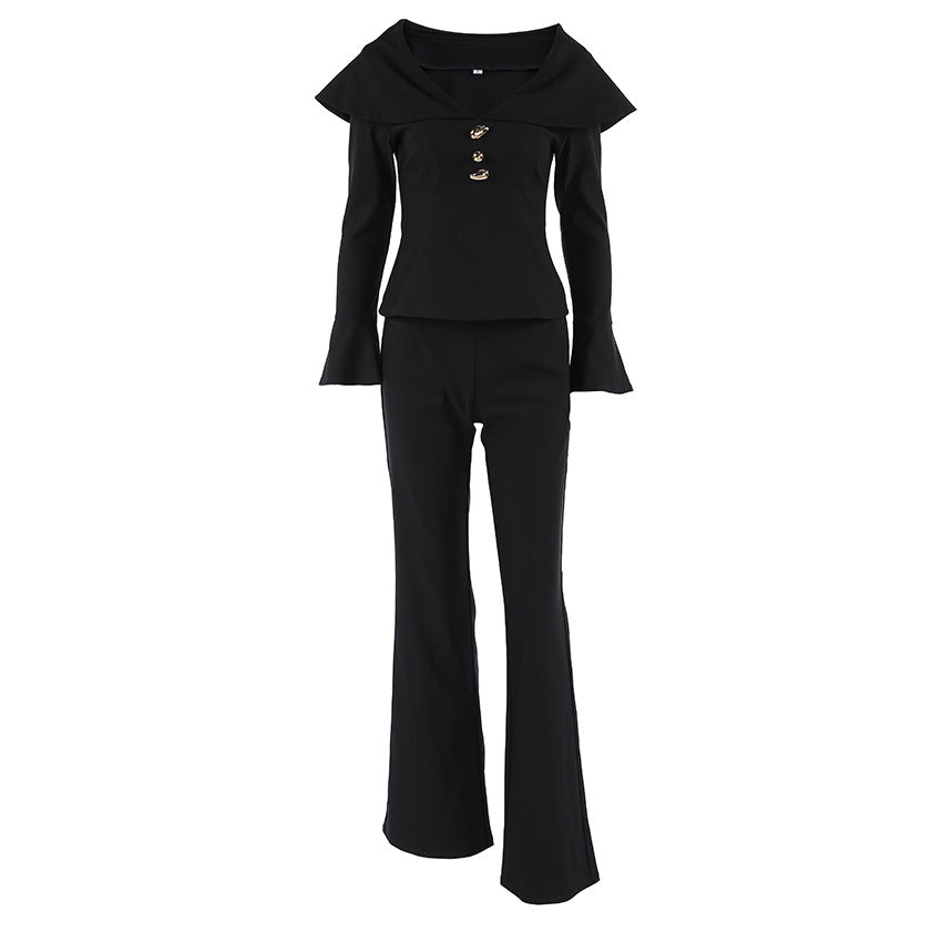 Autumn Winter Retro Black V-Neck Slim Top Waist Controlled Bell Bottom Pants Elegant Set