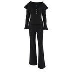 Autumn Winter Retro Black V-Neck Slim Top Waist Controlled Bell Bottom Pants Elegant Set