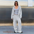 's Autumn Mink-Like Hooded Zipper Sweater Cardigan Double Pocket Trousers Woolen Set