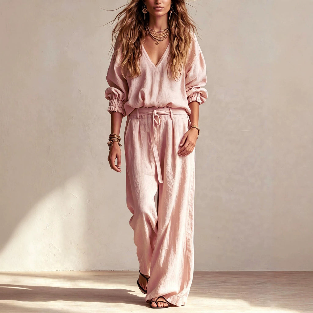 Women's Linen V-Neck Top & Trousers Set