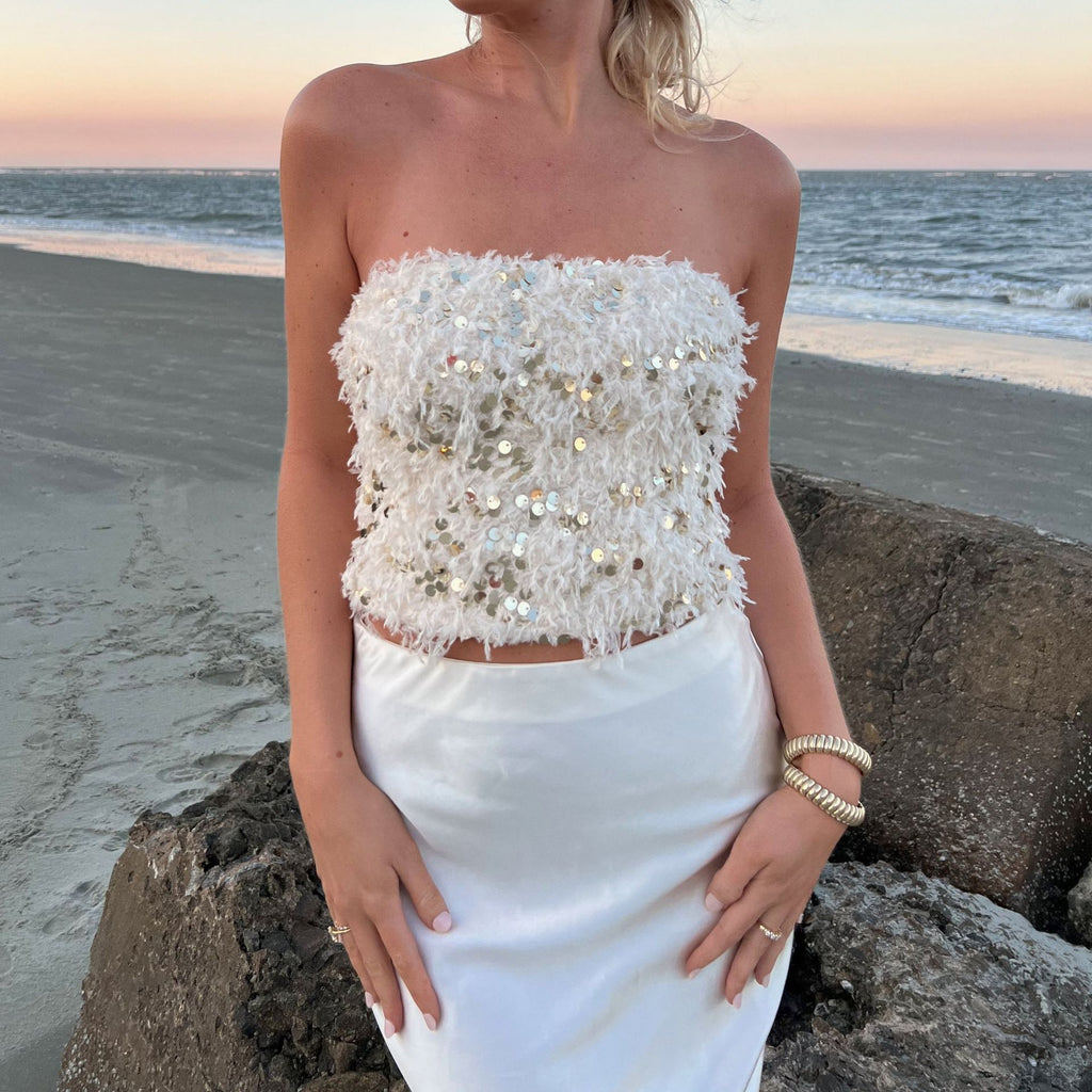 's Sequin Sequined Frayed Beach Vacation Tube Top