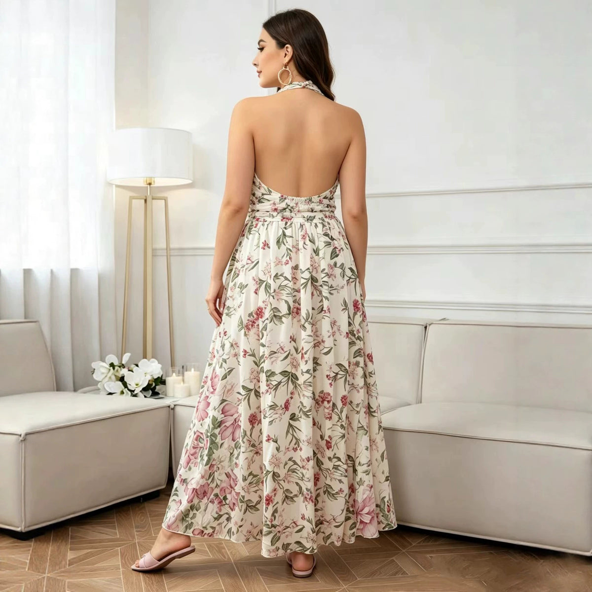 Plus Size Sweet Floral Layers Tiered Dress Halter Neck Backless