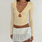 Solid Color Simple Hollow Out CO Sexy V neck Long Sleeved T