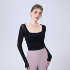 Faux Two Piece Contrast Color Bow Mesh Sports T shirt Women Long Sleeve with Chest Pad Yoga Clothes Top Slimming Workout Clothes(Runs Small)