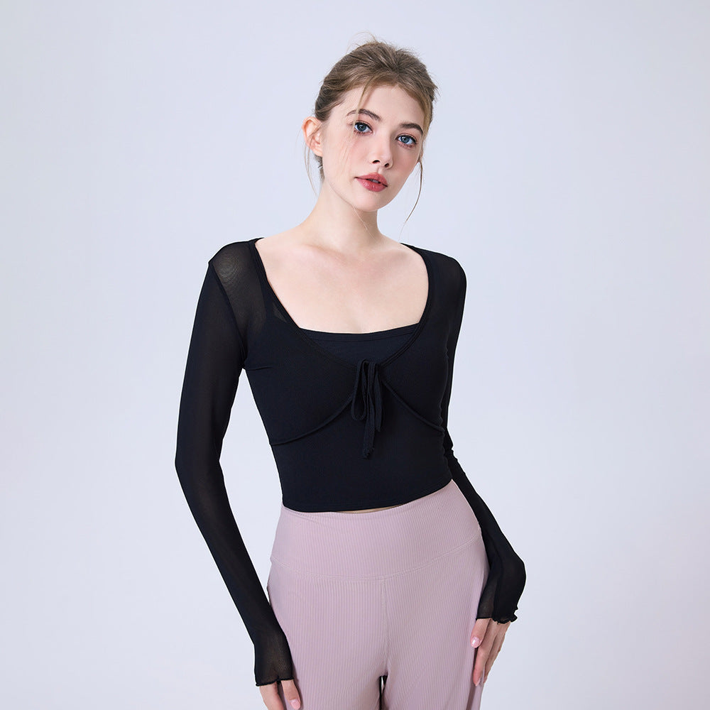Faux Two Piece Contrast Color Bow Mesh Sports T shirt Women Long Sleeve with Chest Pad Yoga Clothes Top Slimming Workout Clothes(Runs Small)