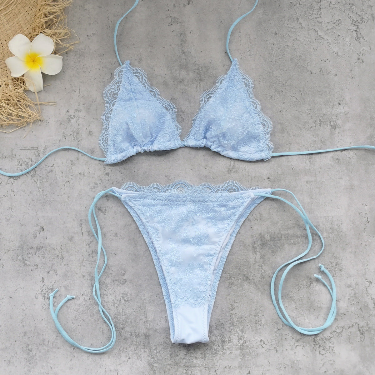 Solid color lace swimwear set with triangle top and high-leg bottoms