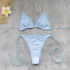 Blue lace triangle swim top with high-waist high-leg bikini bottoms