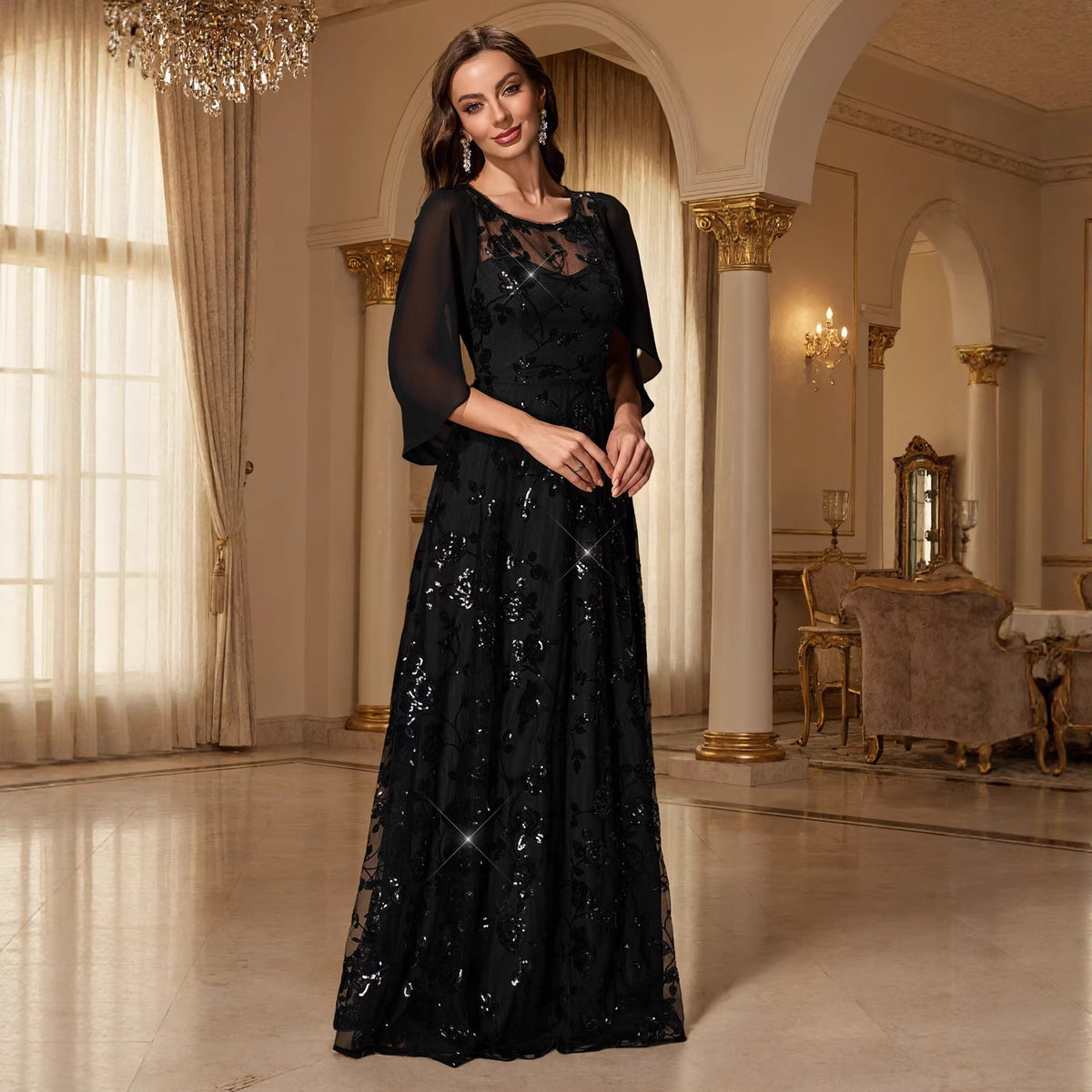 Women's Black Sequin Mesh Swing Evening Dress
