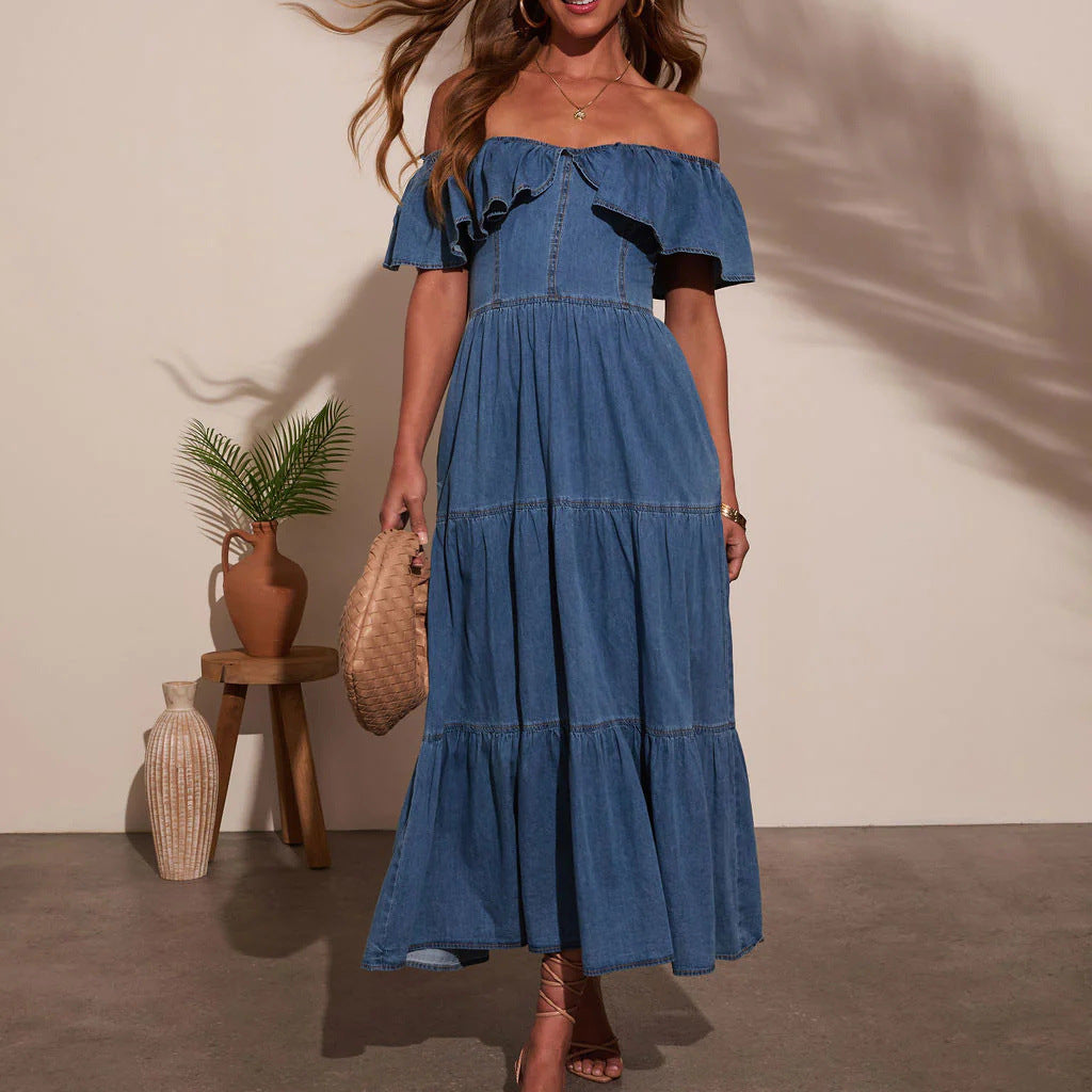 Women's Women Clothing Stylish Loose Round Neck Ruffled Swing Denim Dress