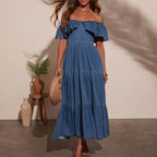 Women's Women Clothing Stylish Loose Round Neck Ruffled Swing Denim Dress