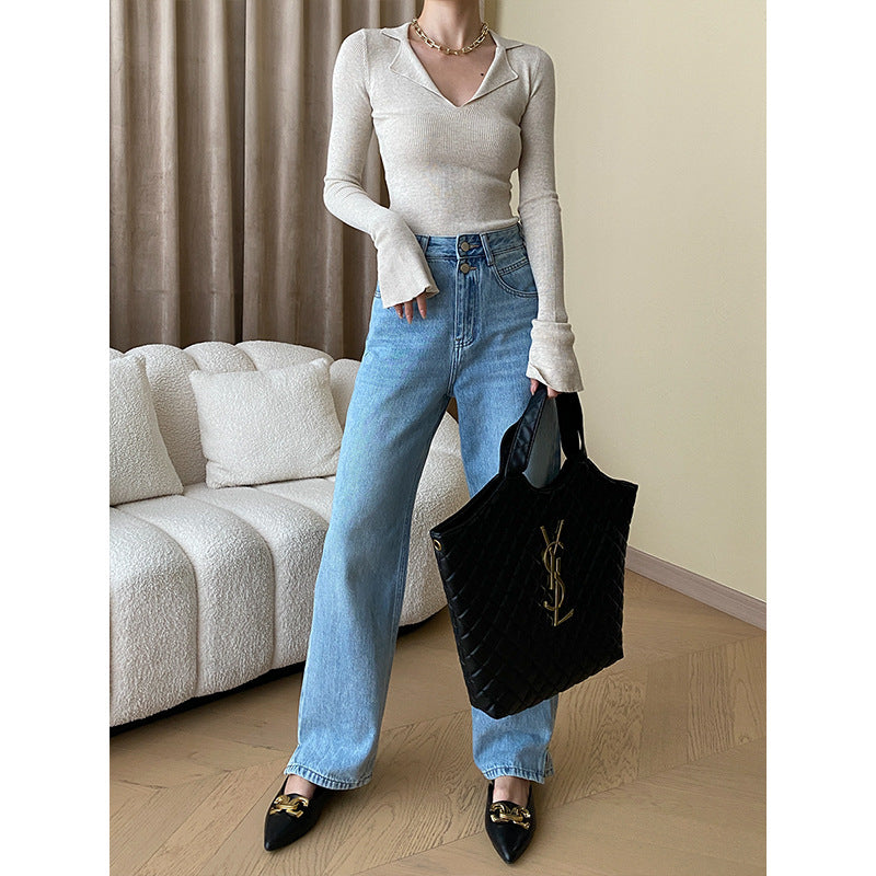 Women's Sinan French Paperman Early Autumn Fashionable Polo Large V Neck Slim Bottoming Shirt