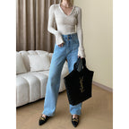 Women's Sinan French Paperman Early Autumn Fashionable Polo Large V Neck Slim Bottoming Shirt