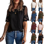 Women's Summer Women Round Neck Short Sleeve Top Lace Chiffon Shirt
