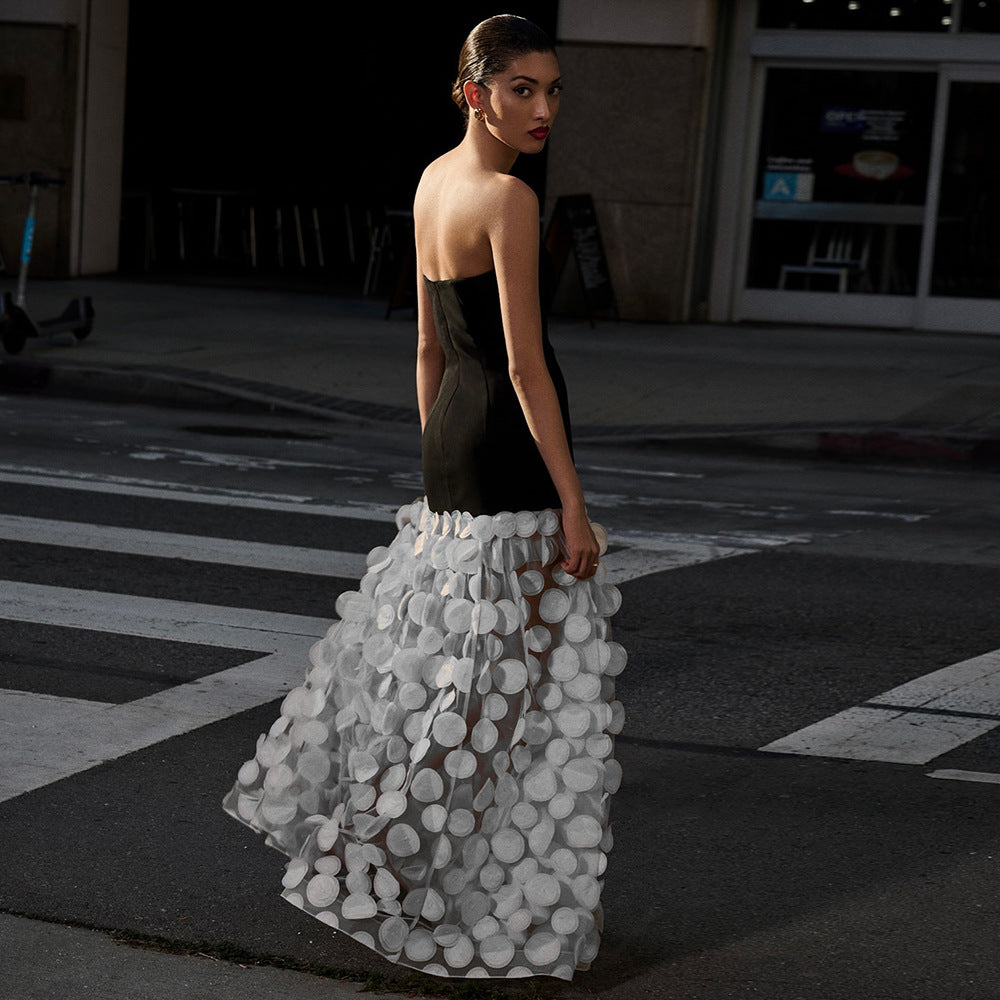 Women's Spring Summer Black White Strapless Dress Three Dimensional Floral Pettiskirt
