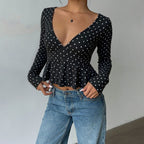 Women's Retro Polka Dot V-Neck Long Sleeve Top