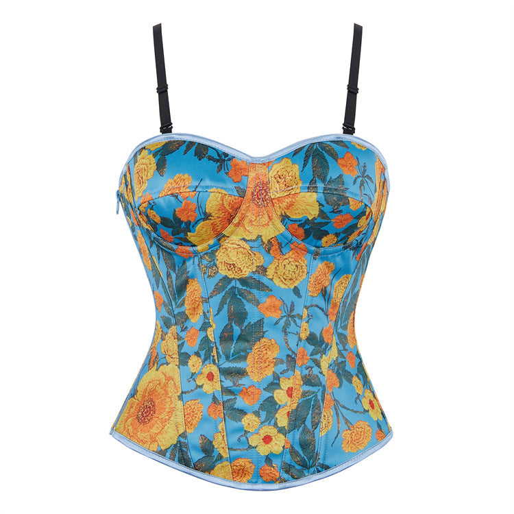 Women's Oil Painting Color Boning Corset Slim Vest Lace Up Bra Jacquard Corset For Women