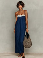 Blue lace-trim maxi sling dress with white lace yoke and spaghetti straps
