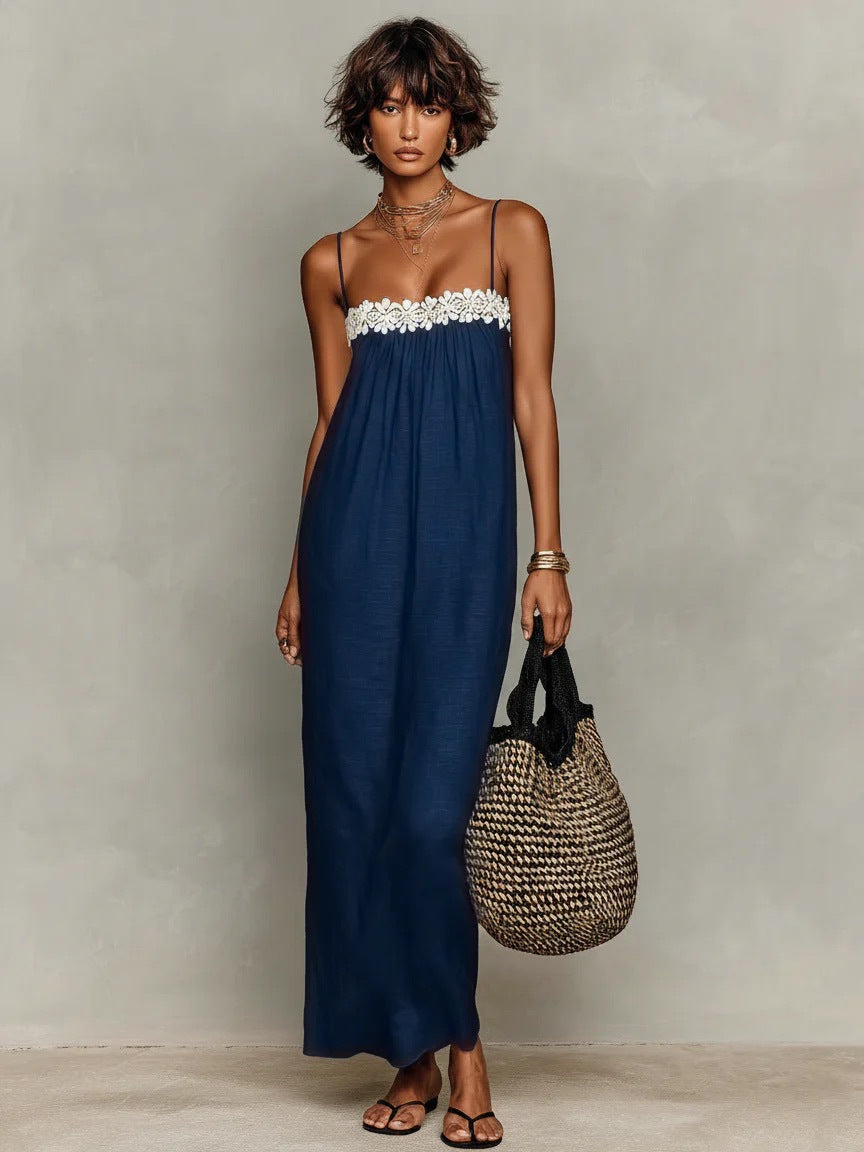 Blue lace-trim maxi sling dress with white lace yoke and spaghetti straps