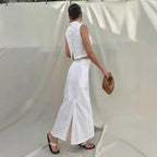 Women's White Cotton Linen Top and Skirt Two-Piece Set