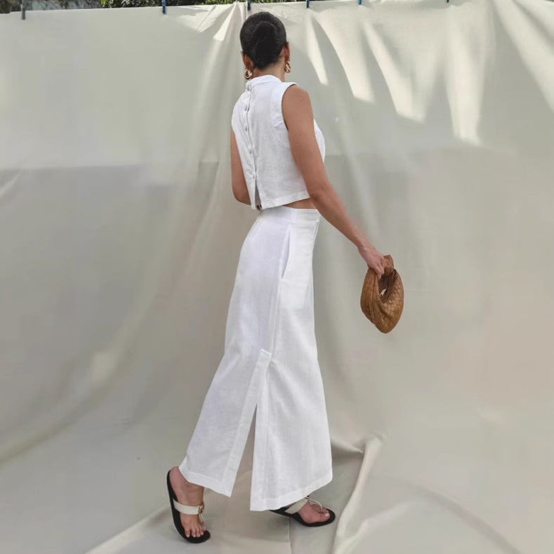 Women's White Cotton Linen Top and Skirt Two-Piece Set
