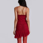 Mesh V-Neck Ruffle Bodycon Mini Dress
