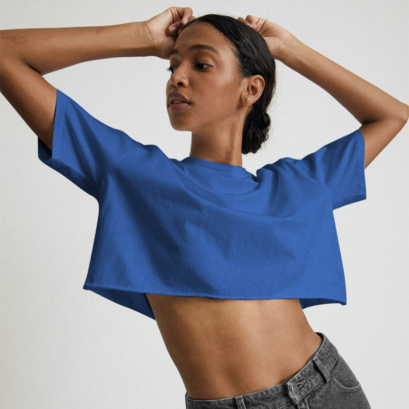 Women's Pure Cotton Solid Color Short Cropped Round Neck Sports