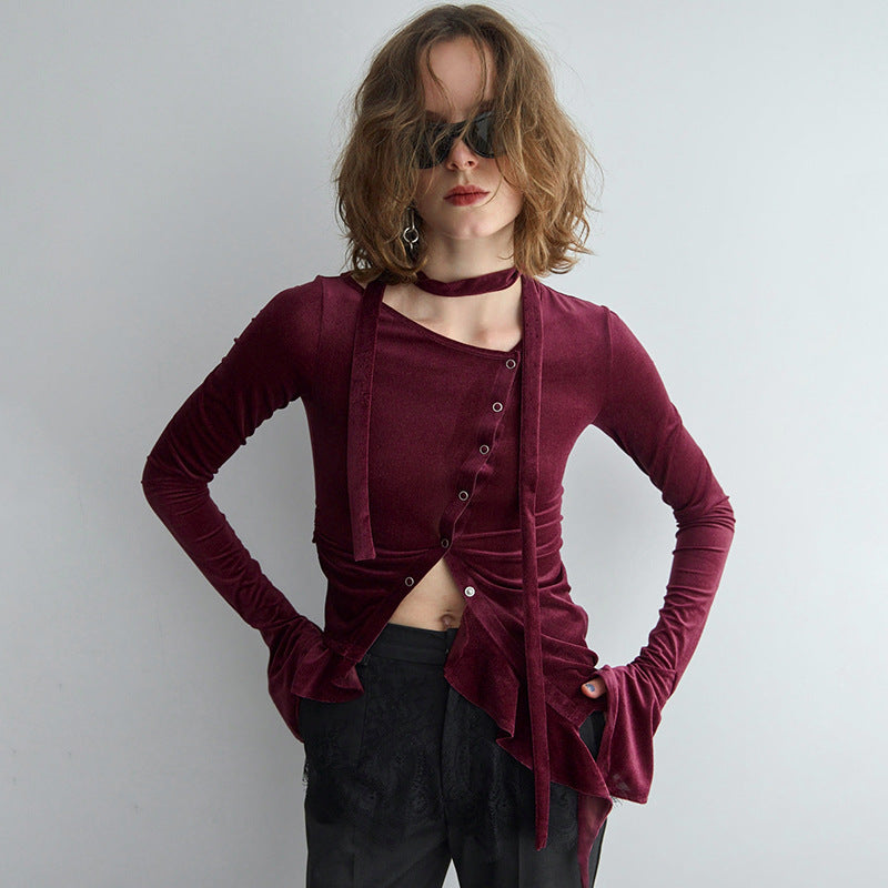 Women's Asymmetric Ruffle Tie-Front Top
