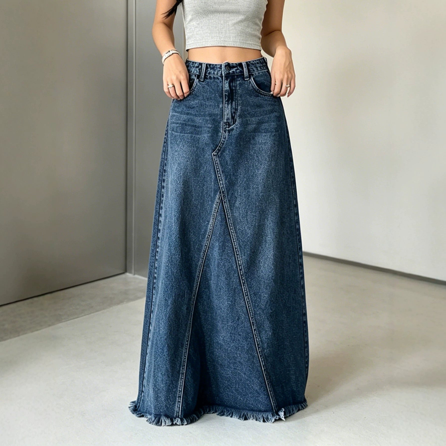 Ladies Non Elastic Splicing Wool Edge Denim Umbrella Shaped