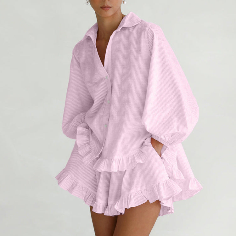 Striped Puff-Sleeve Shirt & Shorts Set