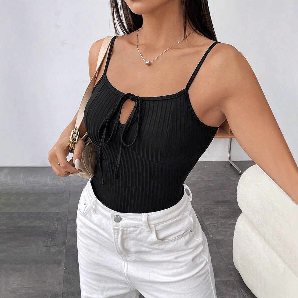 Women's Women’s Black Knitted Lace Up Sleeveless Jumpsuit