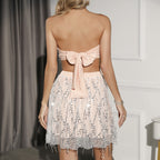 Women's Sequined Tube Top Vest Top Lace Up Corset Stitching Tassel Set
