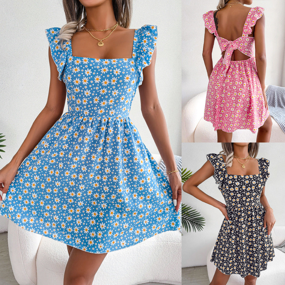 Floral Square Neck Ruffled Vacation Mini Dress