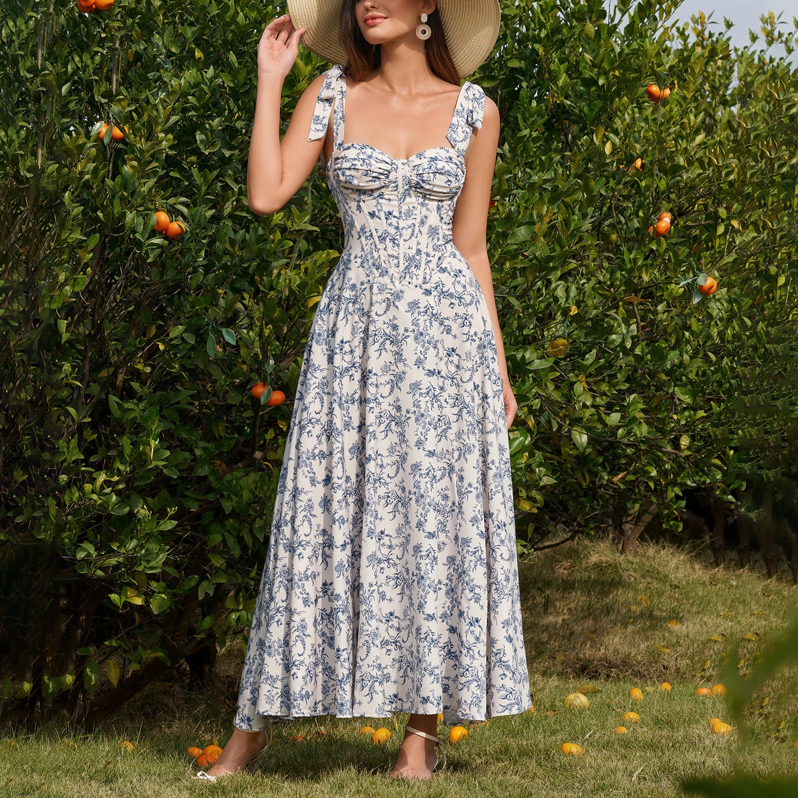 Women's Printed Sweetheart Lace-Up Boned Maxi Dress