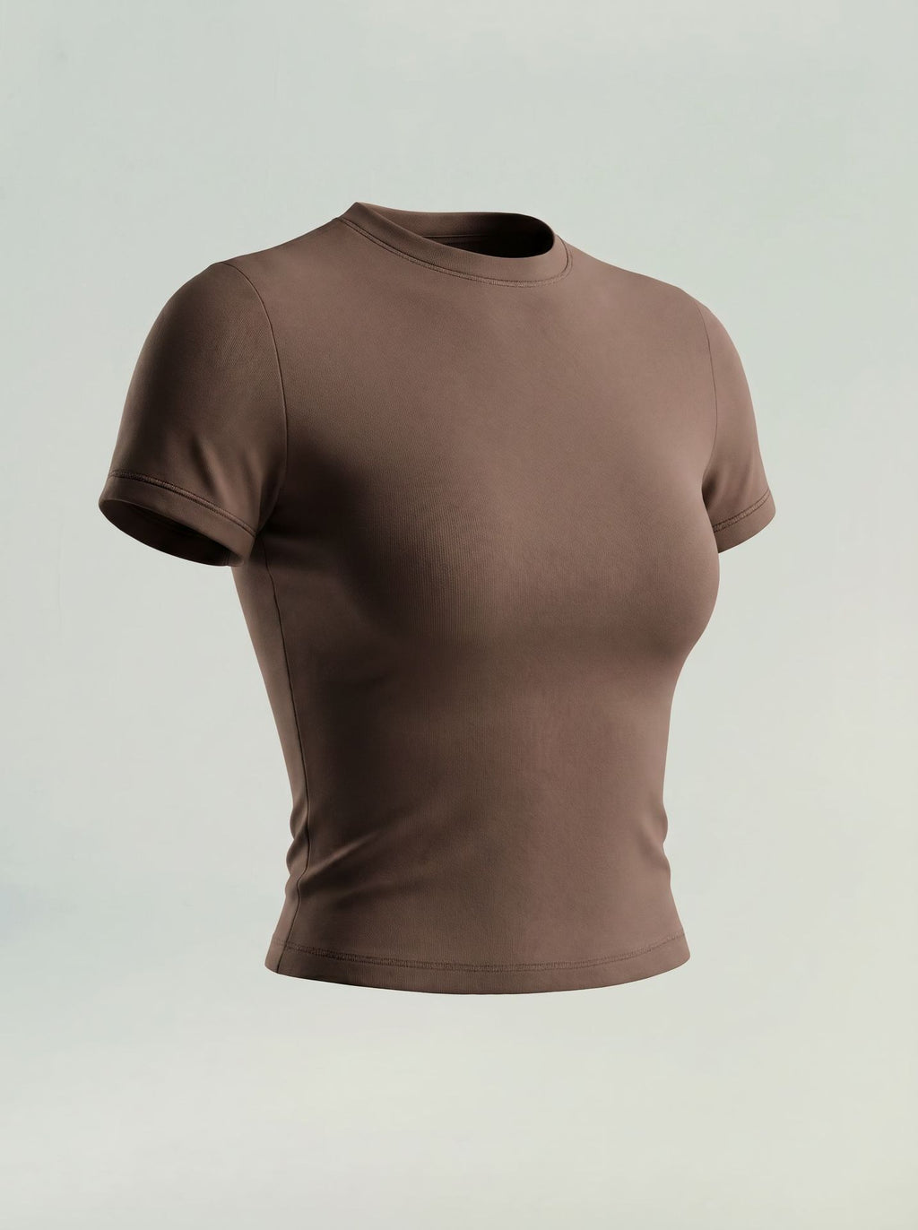 Caramel brown short-sleeve athletic compression top with crew neck