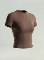Caramel brown short-sleeve athletic compression top with crew neck