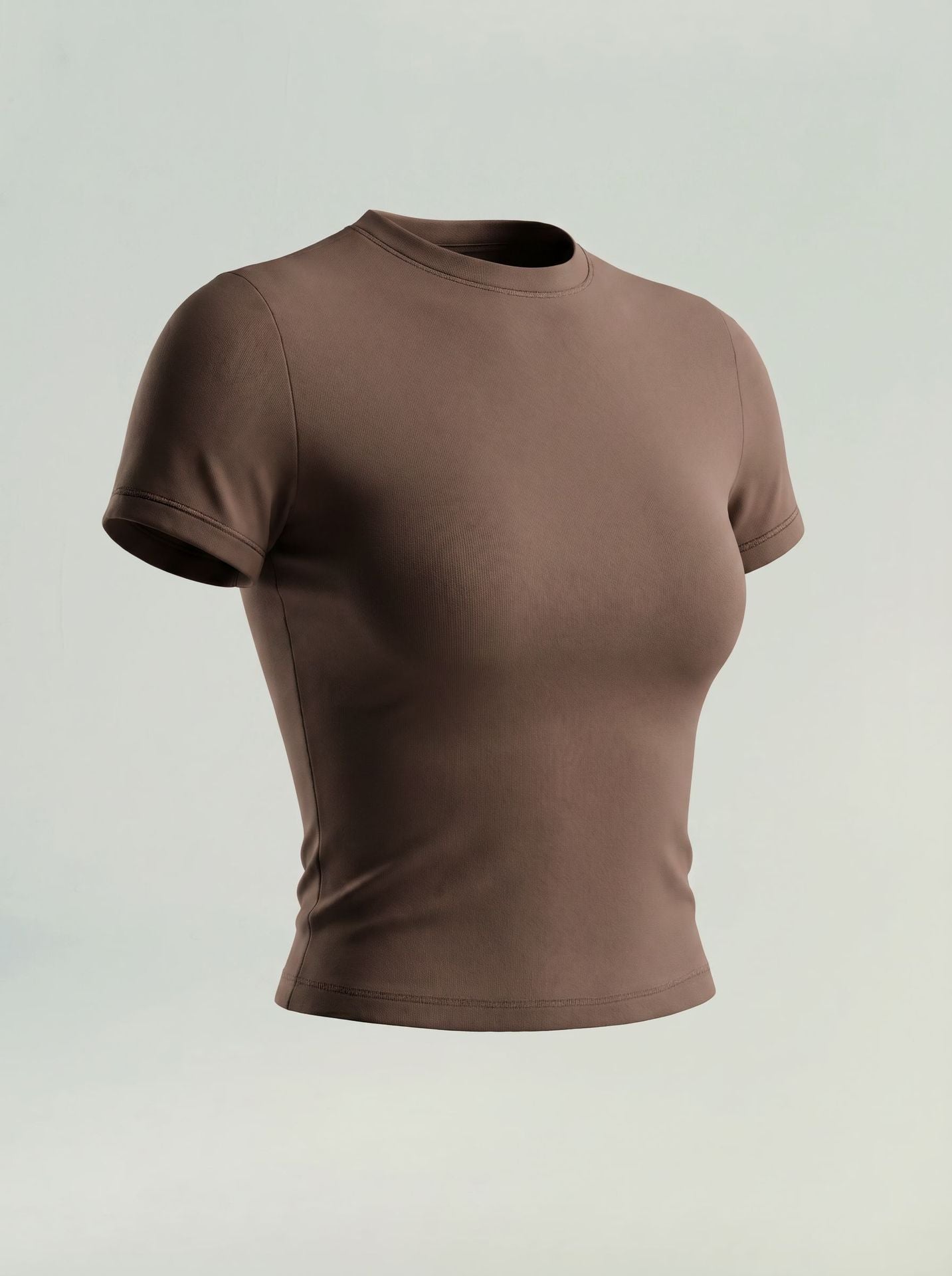 Caramel brown short-sleeve athletic compression top with crew neck