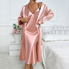 Ice Silk Robe Women Sexy Outerwear Homewear Artificial Silk Cardigan Lace up Suspender Outerwear Gown Set