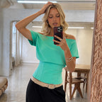 Sexy Waist Split Solid Color Short Sleeve Shoulder T shirt