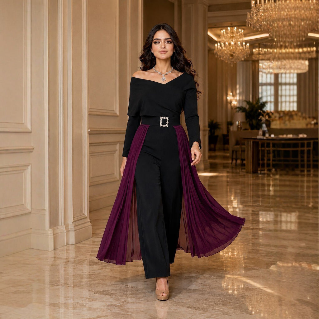 Women's Belted Color-Block Rhinestone Jumpsuit