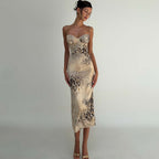 Summer Retro Printed Low Cut Backless Slit Sling Sheath Dress